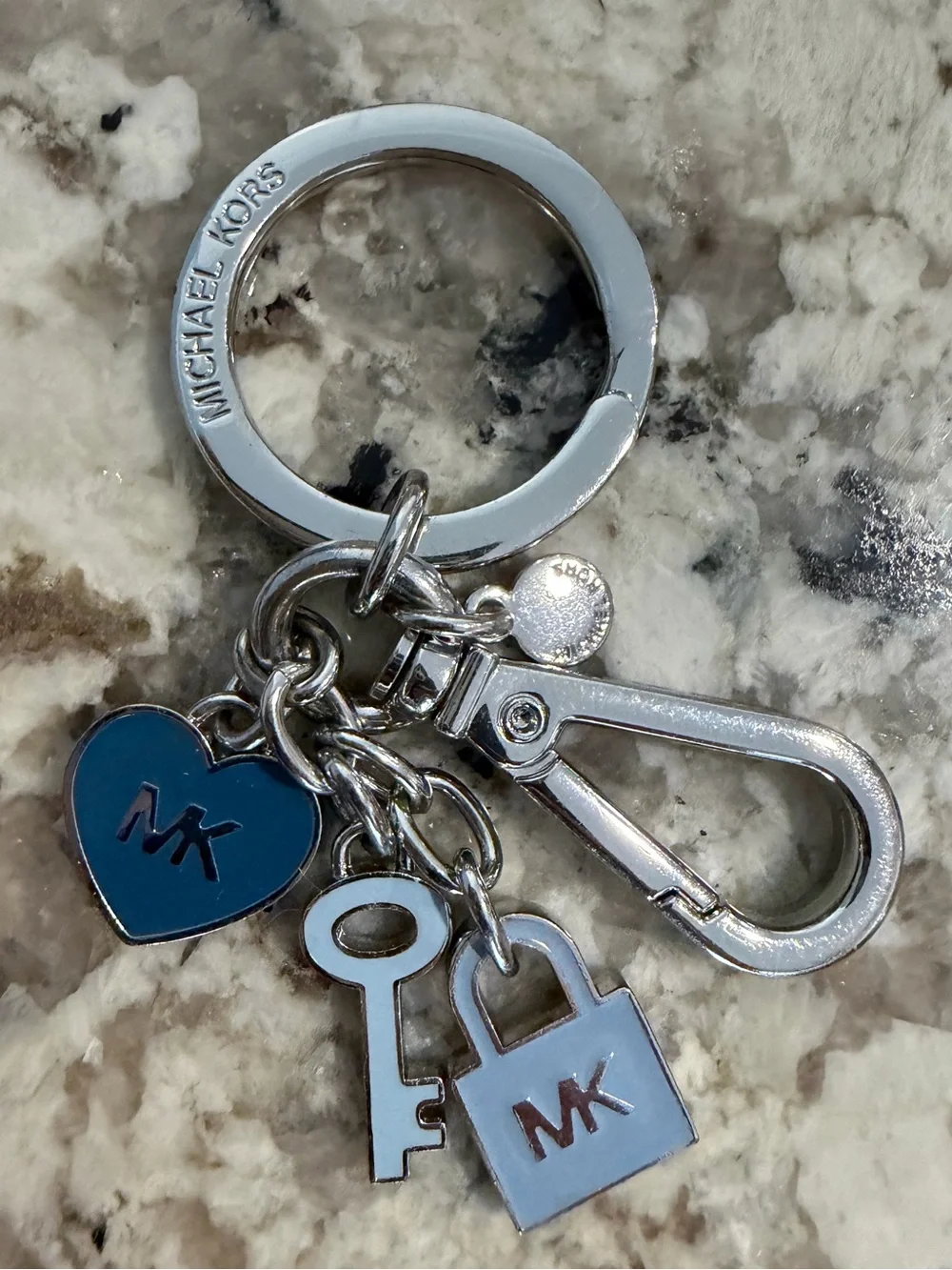 NWOT Michael Kors Silver Keychain with Blue Enamel Charms
